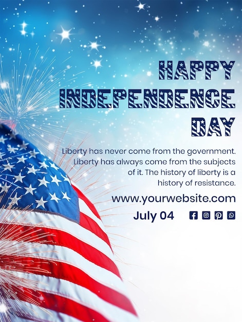 PSD independence day concept american flag waving with fireworks decoration on light blue background