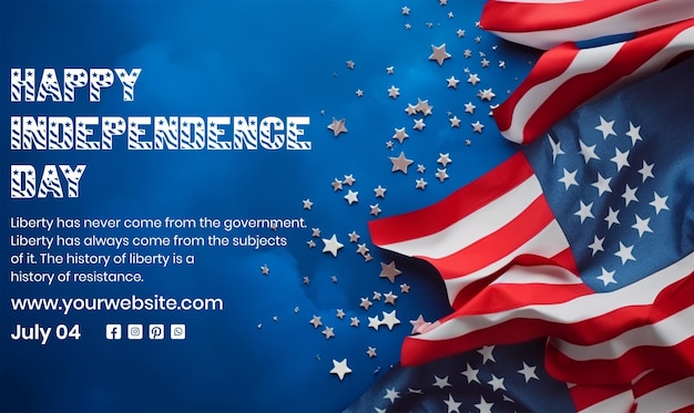 PSD independence day concept american waving flag with stars decoration on blue texture background