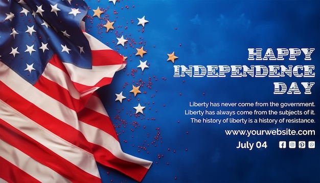 PSD independence day concept american waving flag with stars decoration on blue texture background