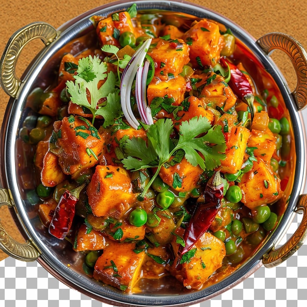 Indian Aloo Mutter curry Potato and Peas immersed in an Onion Tomato Gravy isolated on white