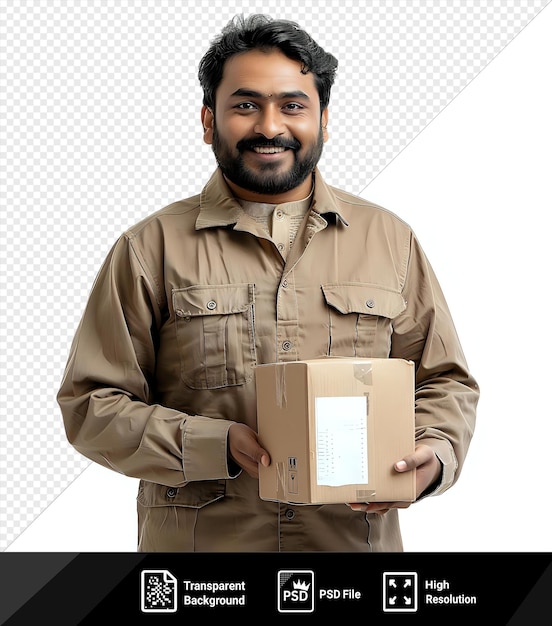 Indian Asian handsome delivery man with box and checklist on isolated background Brown shirt black