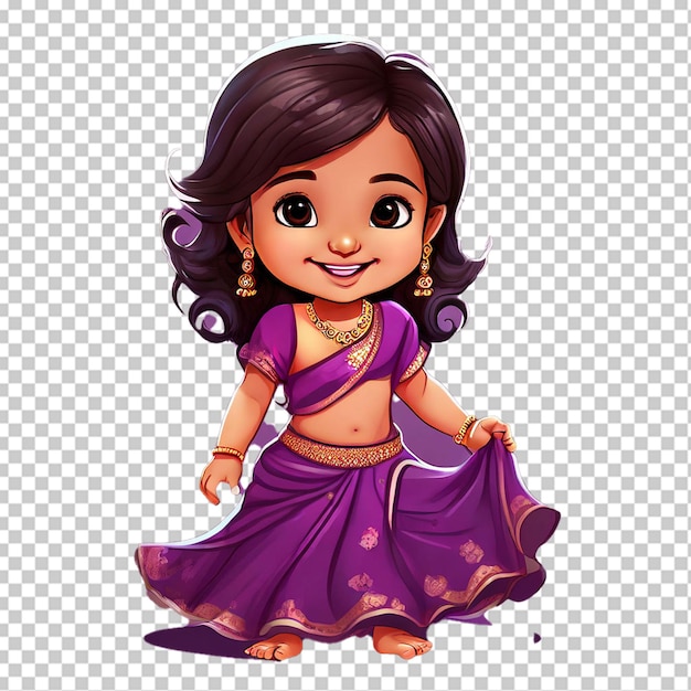 Indian baby girl princess wearing purple lengha choli and dupatta smiling cartoon drawing