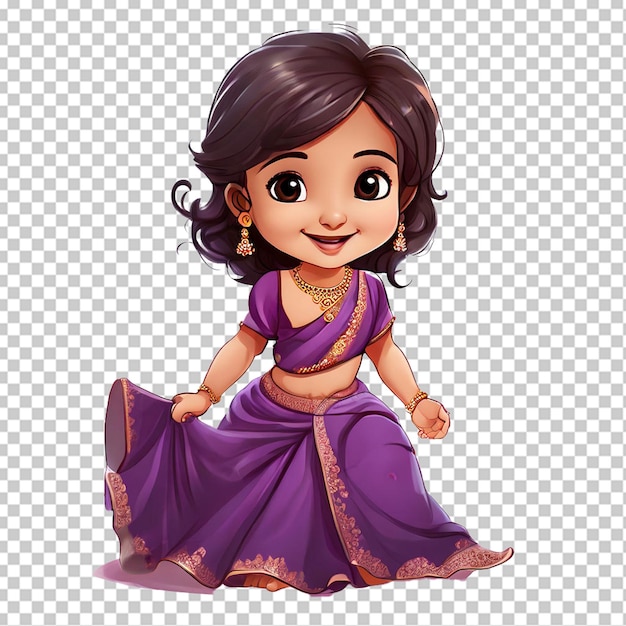 PSD indian baby girl princess wearing purple lengha choli and dupatta smiling cartoon drawing