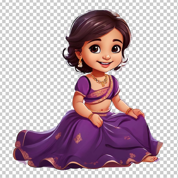 Indian baby girl princess wearing purple lengha choli and dupatta smiling cartoon drawing