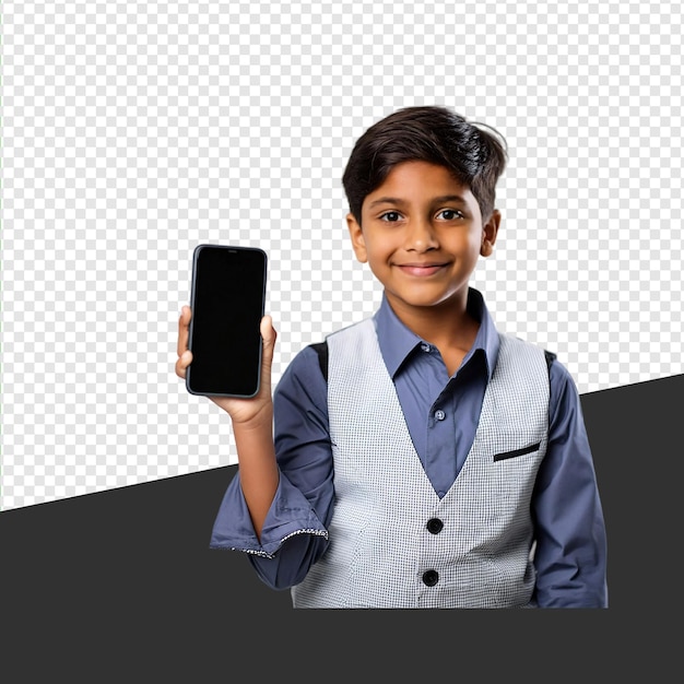 Indian Boy Presenting on Smartphone Studio Shoot transparent background PNG