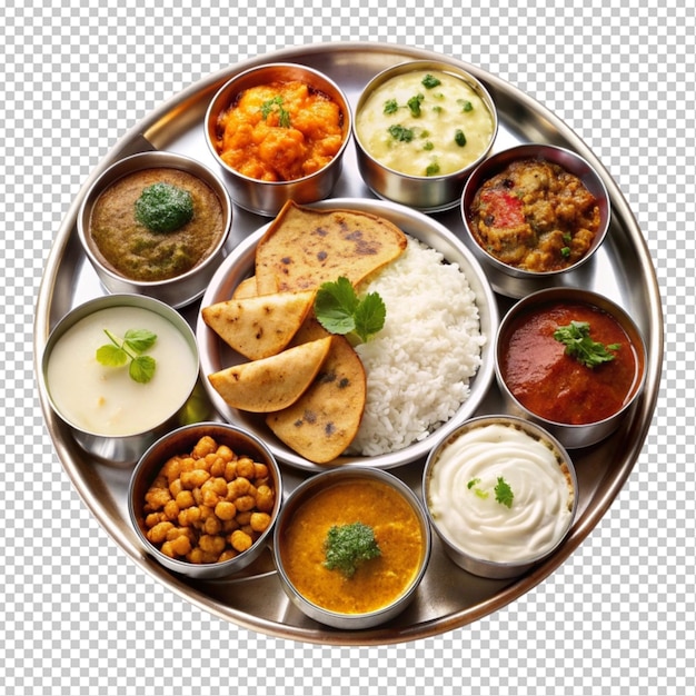 PSD indian cuisine thali set out against transparent background