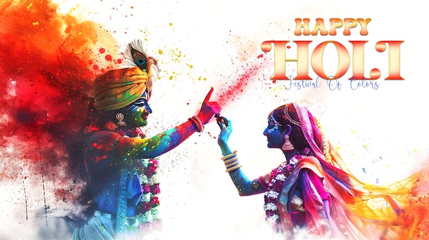 PSD indian festival happy holi festival of color celebration card with radha krishna