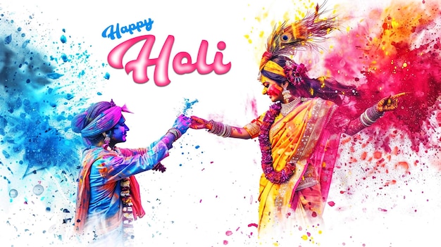 PSD indian festival happy holi festival of color celebration card with radha krishna