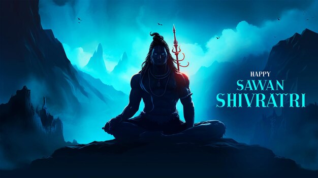 PSD indian festival happy sawan shivratri with lord shiva silhouette with dark smoke background