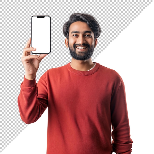 Indian man showing a blank smartphone screen on his hand while smiling