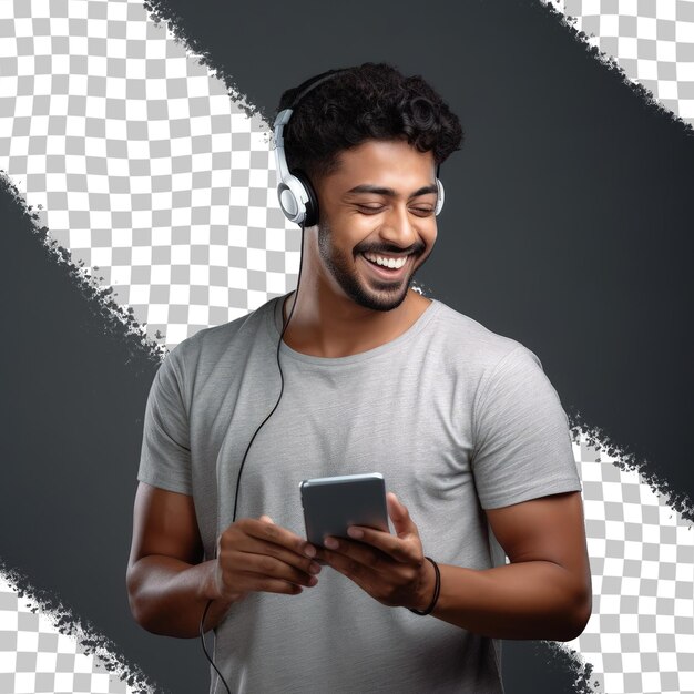 Indian man with earbuds smartphone and transparent background enjoys virtual phone activities