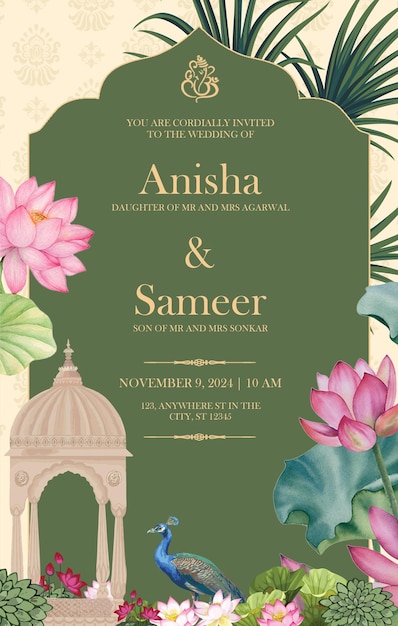 PSD indian mehendi wedding card invitation template floral decorative mughal arch design indian palace