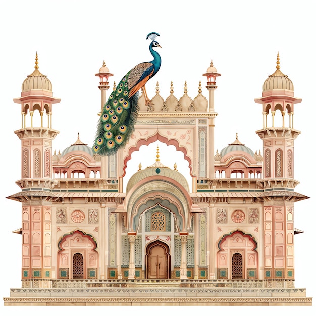 Indian Mughal architectural decorative palace with peacock indian illustration realistic