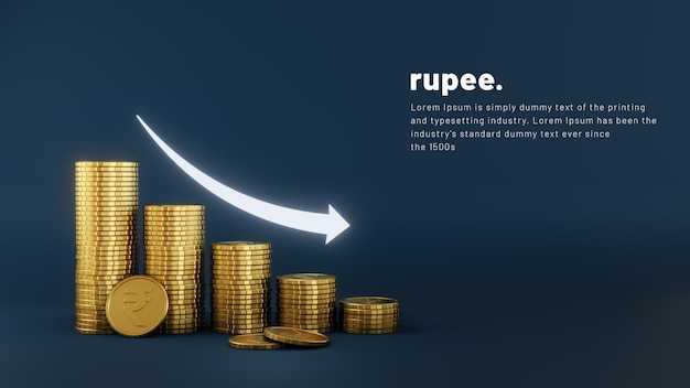 Indian rupee coin stack step down graph with arrow pointing down 3d rendering