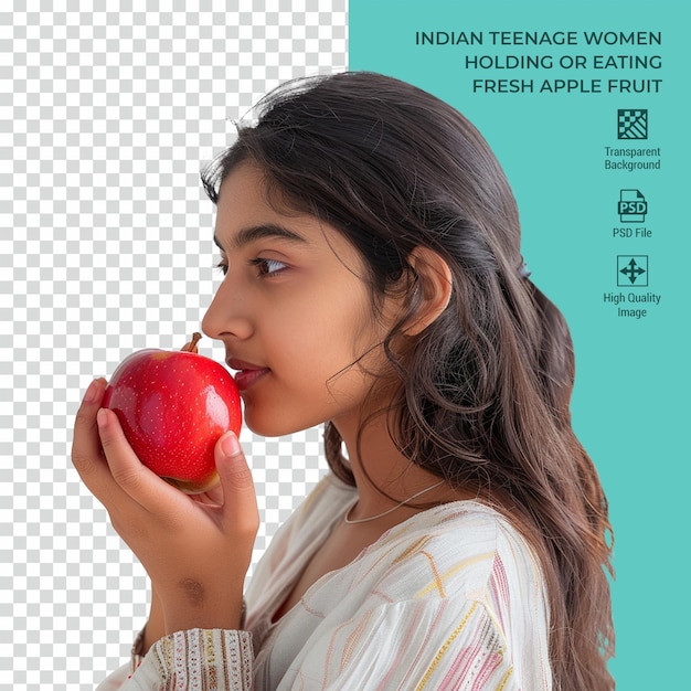 PSD indian teenage women holding or eating fresh apple fruit isolated on transparent background