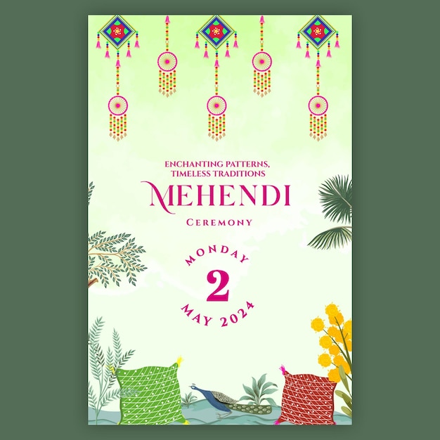 Indian Traditional Mehendi Wedding Invitation card design with colorful pillow floral tassle decor