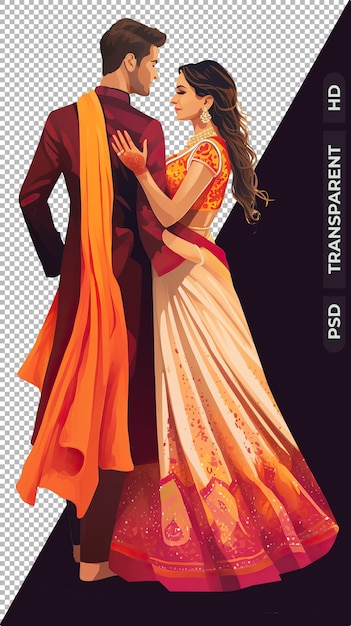 PSD indian wedding bride amp groom standing together isolated on transparent background