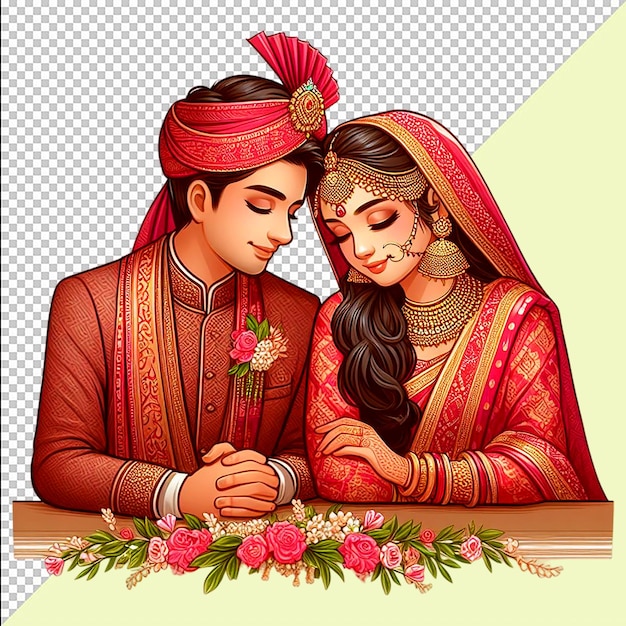 Indian Wedding Couple Wearing Suit And Lehenga On Transparent Background