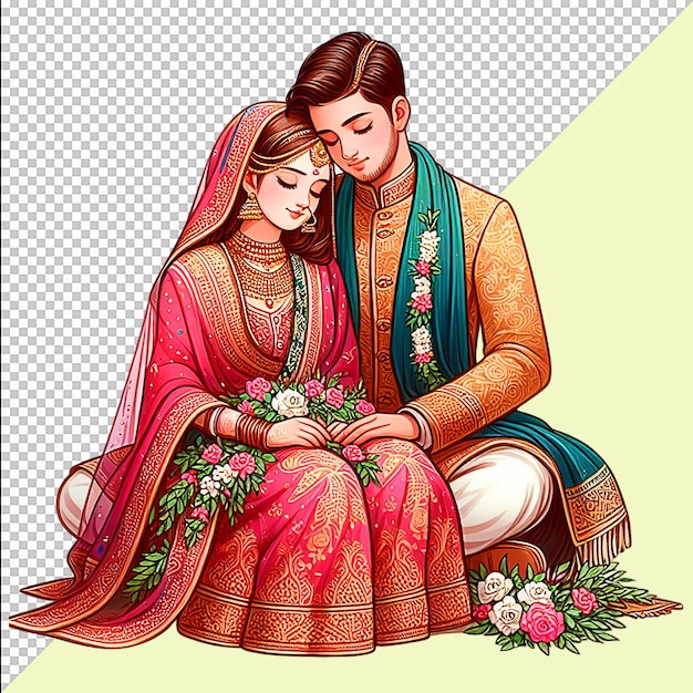 Indian Wedding Couple Wearing Suit And Lehenga On Transparent Background