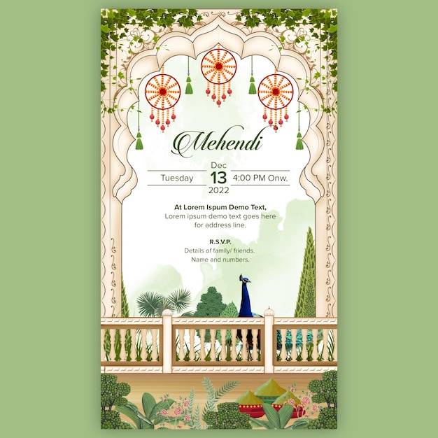 PSD indian wedding mehendi invitation design with indian arch mughal tree and floral tassle hangings