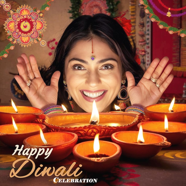 PSD indian woman happy diwali celebrating with candles lamp