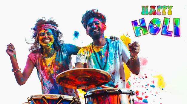 Indian young couple with kid celebrating holi festival