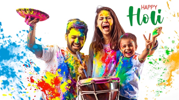 PSD indian young couple with kid celebrating holi festival