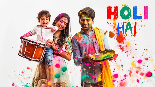 Indian young couple with kid celebrating holi festival