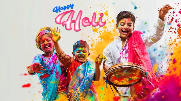 Indian young couple with kid celebrating holi festival