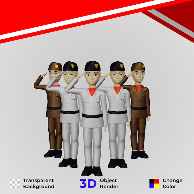 PSD indonesia independence day 17th august with saluting flag raising troops concept illustration