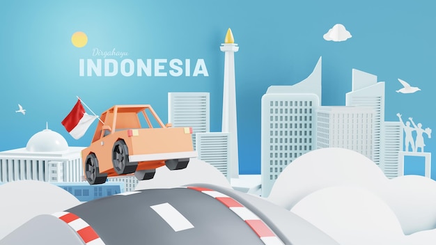 Indonesia independence day with jakarta landmarks in paper art style background