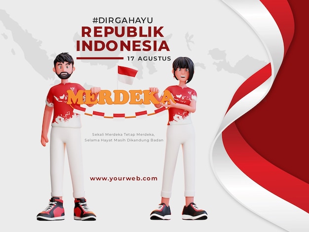 indonesian independence banner template with 3d character