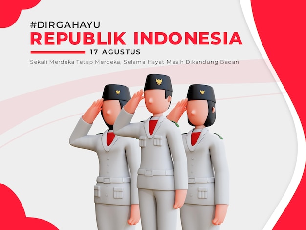 Indonesian independence banner with 3d flag raisers character saluting people