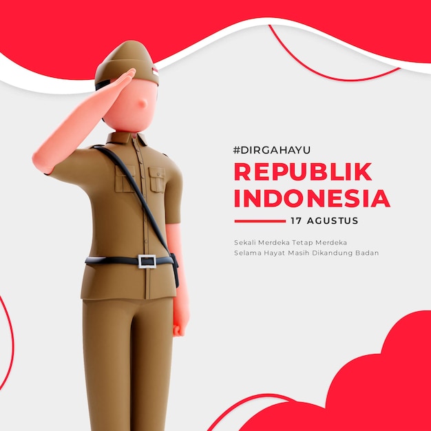 Indonesian independence banner with 3d male patriot character