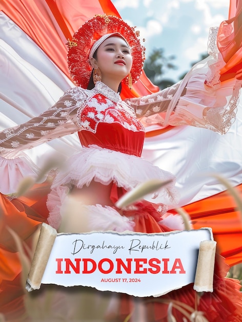 PSD indonesian independence day template poster with a beautiful woman in the background and a flutterin