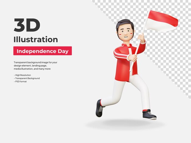 Indonesian man holding flag celebrating independence day 3d cartoon illustration