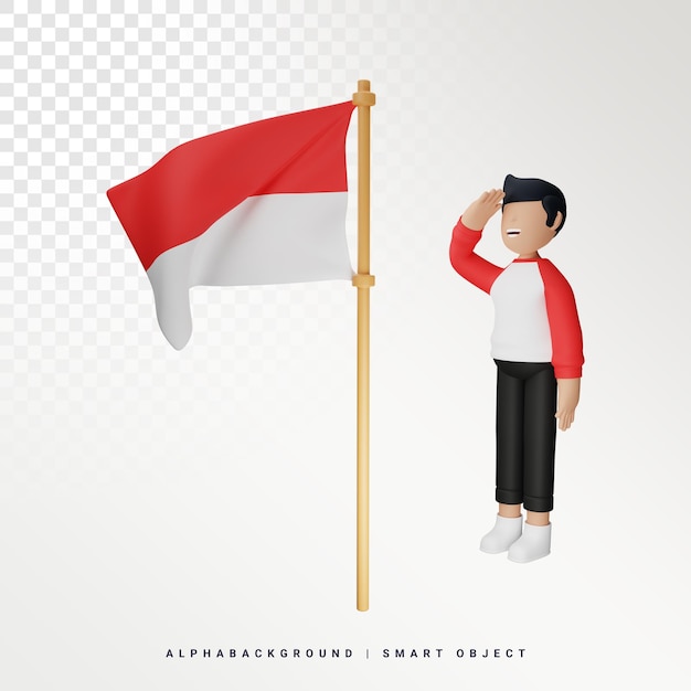 Indonesian men respect the Indonesian flag 3d illustration