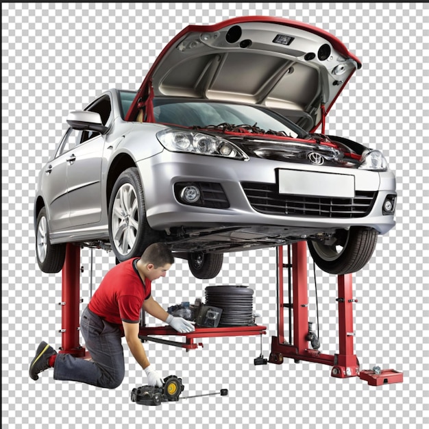 Indoor car wheel maintenance repair and servicing facility with 3D wheel alignment and laser sensor equipment Car in garage being worked on for auto camber toe check