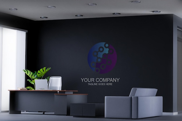 PSD indoor office business logo mockup concept on black dark wall backdrop office vector illustration