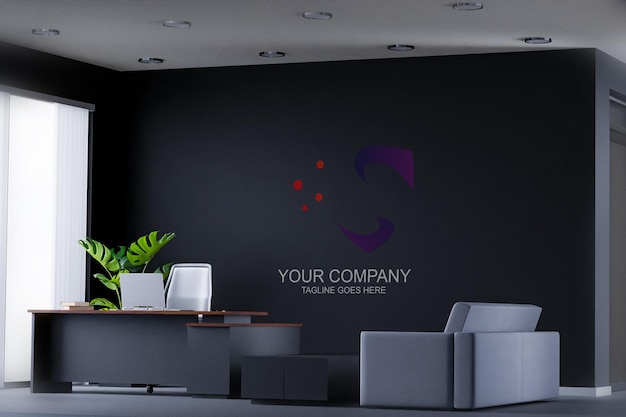 PSD indoor office business logo mockup concept on dark black wall backdrop vector illustration