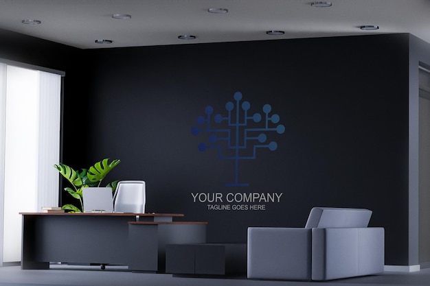 PSD indoor office business logo mockup concept on dark black wall backdrop vector illustration