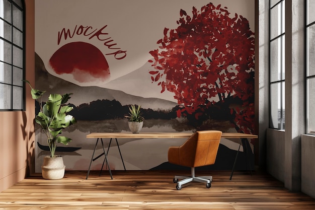 PSD industrial wallpaper mock-up design for office space