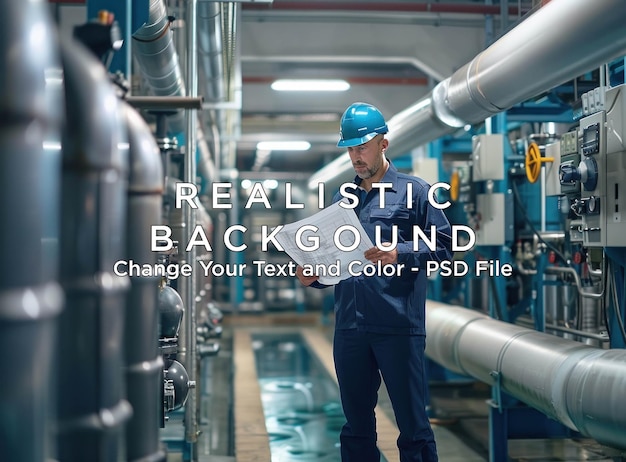 PSD industrial worker examining blueprint in a factory