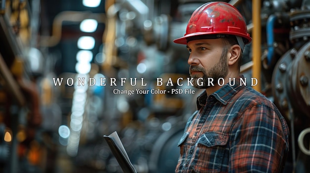 PSD industrial worker in a red hard hat