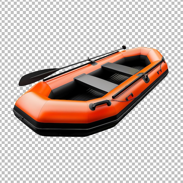 PSD inflatable crimson orange and black boat with oars isolated on transparent background