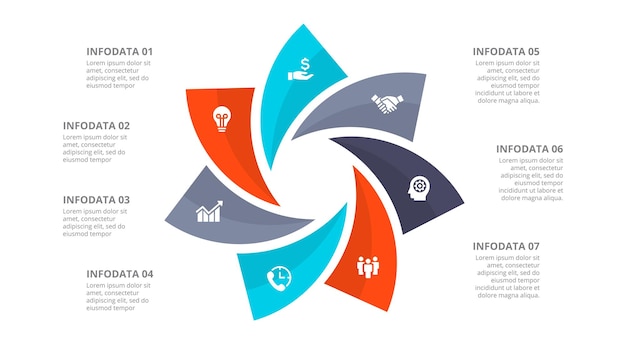 PSD infographic cycle diagram divided into 7 parts business data visualization for presentation