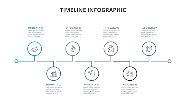 Infographic timeline with thin line and circles Process chart Diagram with 7 steps or options