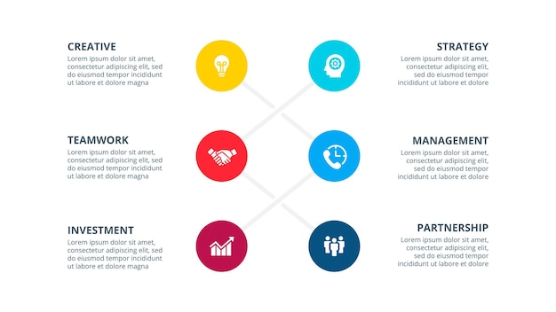 Infographic with 6 circle elements can be used for timeline or process chart. Steps presentation.