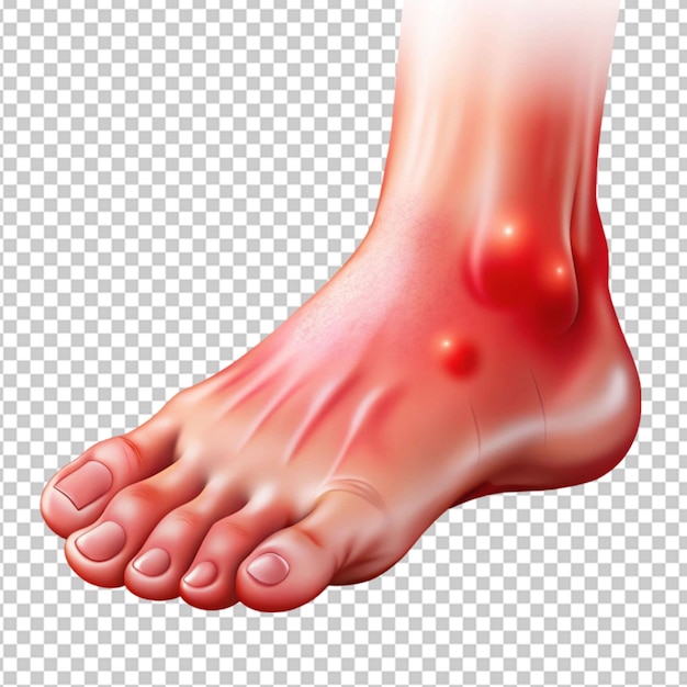 The injured foot is red and swollen like a realistic on transparent background