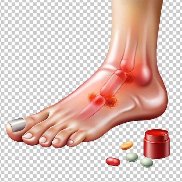 The injured foot is red and swollen like a realistic on transparent background